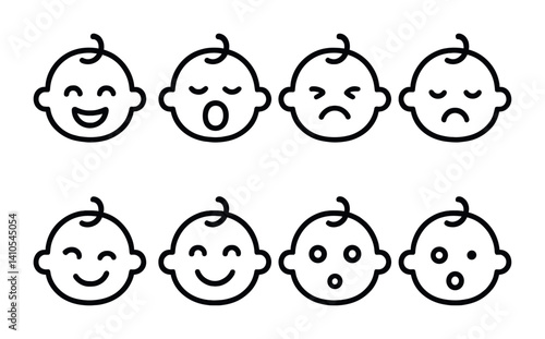 outline vector icons of baby expressions: giggle, yawn, frown, pout, blink, smile, stare, hiccup. set of line style icons in a modern, minimalist design.