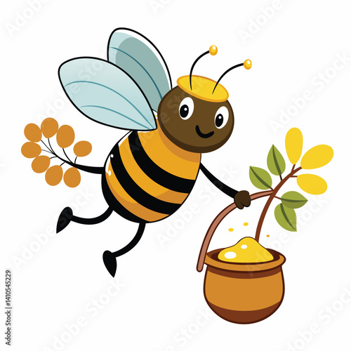 Happy cartoon bee with honey pot and flowers perfect for kids book illustrations