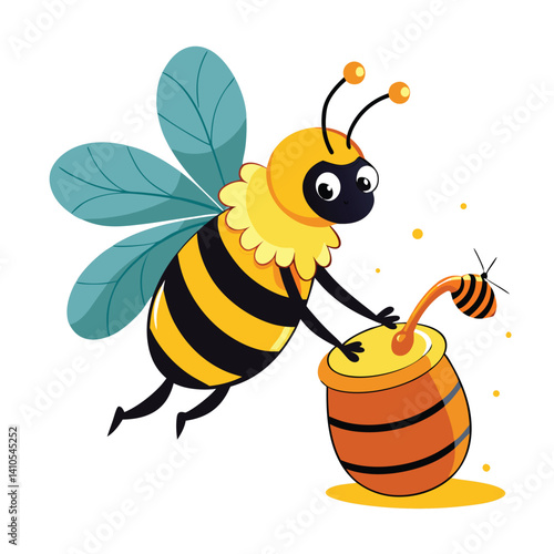 Cute honey bee flying near floral honey jar great for children’s art and printables