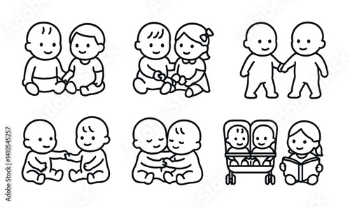 outline vector icons of baby siblings: baby with brother, baby with sister, holding hands, playing together, cuddling, toy sharing, double stroller, reading together. set of line style icons in a