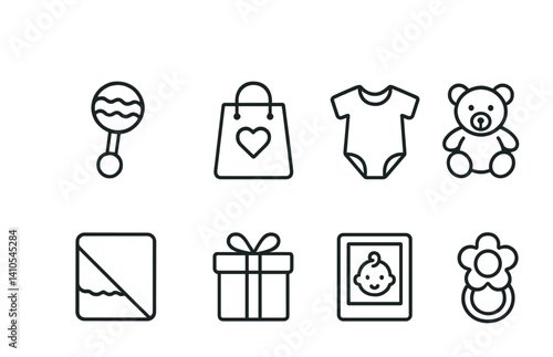 outline vector icons of baby shower: gift box, baby bottle, diaper cake, onesie banner, invitation card, stork icon, heart balloon, party hat. set of line style icons in a modern, minimalist design.