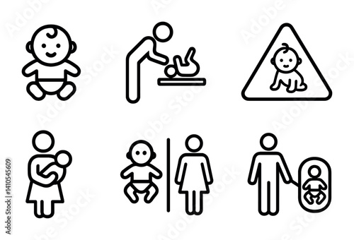 outline vector icons of baby safety: outlet cover, cabinet lock, baby monitor, corner guard, safety gate, soft helmet, car seat belt, window guard. ine style icons in a modern, minimalist design.