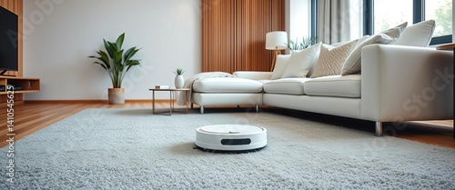 White robot vacuum cleaning grey carpet in modern living room with white sofa and wood accent wall, cleaner, technology