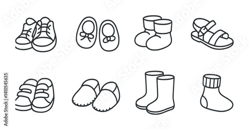 outline vector icons of baby shoes: baby sneakers, crib shoes, booties, sandals, Velcro shoes, soft soles, rain boots, slipper socks. set of line style icons in a modern, minimalist design.