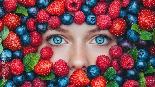 Fototapeta Naklejka Na Ścianę i Meble -  A close-up of a person's face surrounded by vibrant berries, emphasizing their striking blue eyes amidst a colorful fruit arrangement.