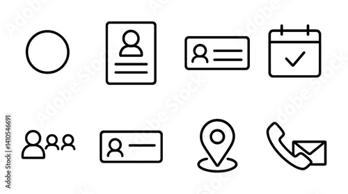 outline vector icons of company profiles: logo icon, about section, company name, founding date, employee count, profile banner, company address, contact info. set of line style icons in a modern,