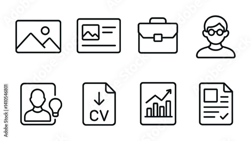outline vector icons of portfolio websites: personal bio, gallery, project grid, case study, resume download, testimonials, contact form, services list. set of line style icons in a modern,