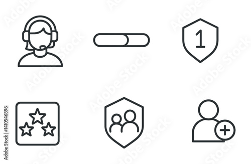 outline vector icons of gaming profiles: gamer avatar, XP bar, level badge, achievements icon, guild icon, in-game stats, rank icon, friend invite. set of line style icons in a modern, minimalist