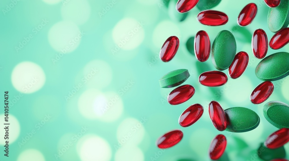 A vibrant image displaying an assortment of red and green capsules against a soft green background, creating a dynamic and colorful visual effect. A vibrant image displaying an assortment of red and green capsules against a soft green background, creating a dynamic and colorful visual effect.