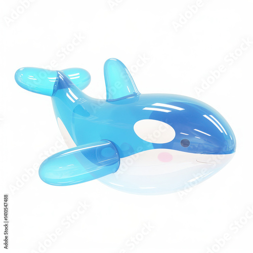 Blue inflatable orca whale toy on a white isolated background.