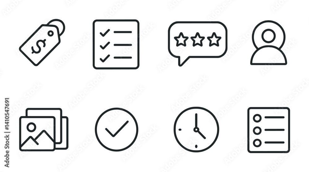 outline vector icons of freelance profiles: hourly rate tag, completed jobs, client reviews, freelancer avatar, portfolio samples, availability status, response time, gig list. set of line style outline vector icons of freelance profiles: hourly rate tag, completed jobs, client reviews, freelancer avatar, portfolio samples, availability status, response time, gig list. set of line style