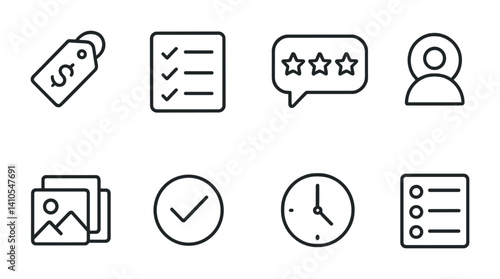 outline vector icons of freelance profiles: hourly rate tag, completed jobs, client reviews, freelancer avatar, portfolio samples, availability status, response time, gig list. set of line style