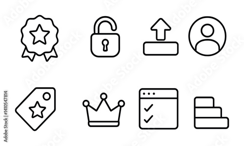outline vector icons of profile upgrades: premium badge, unlock icon, upgrade now, profile highlight, feature tag, crown icon, exclusive features, plan tier. ine style icons in a modern, minimalist