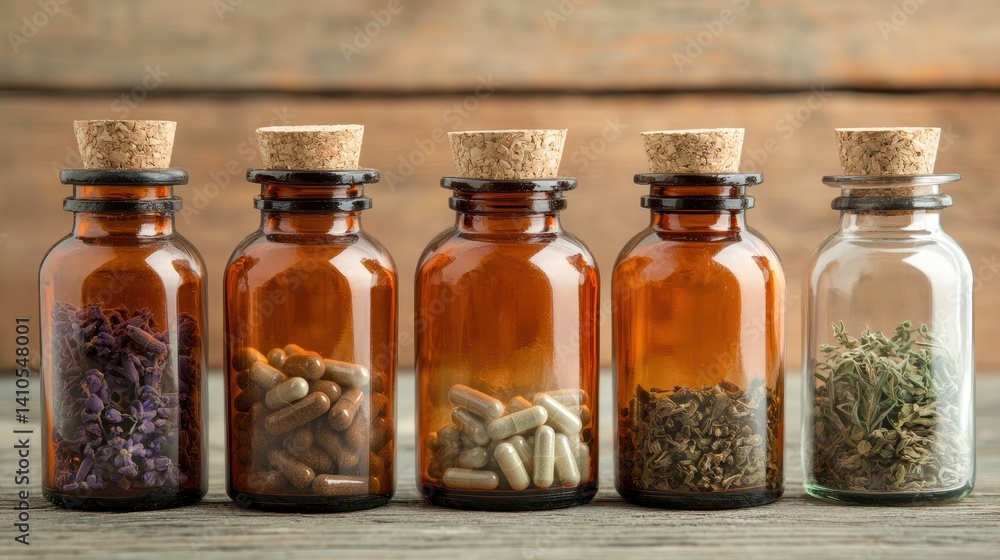A collection of glass jars filled with various herbs and capsules, each sealed with a cork, arranged on a rustic wooden surface. A collection of glass jars filled with various herbs and capsules, each sealed with a cork, arranged on a rustic wooden surface.