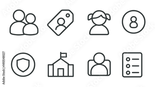 outline vector icons of child/parent profiles: family icon, parent tag, child icon, age tag, guardian info, school name, profile category, activity log. set of line style icons in a modern,