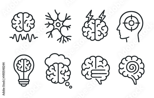 outline vector icons of brain activity: brainwaves, neuron firing, brain with lightning, focus signal, idea bulb, thought bubble, memory icon, cognition swirl. set of line style icons in a modern,