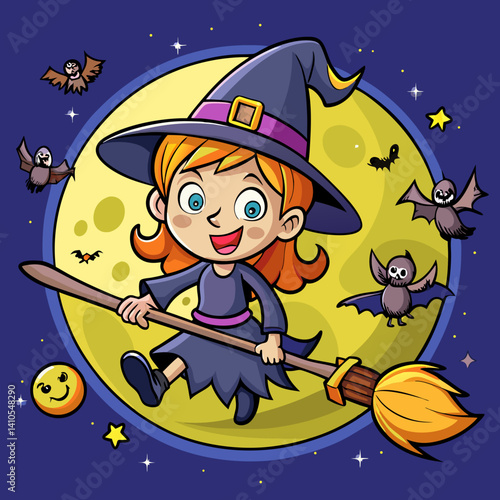  A cute cartoon witch flying on a broomstick under a glowing full moon, perfect for Halloween-themed designs.