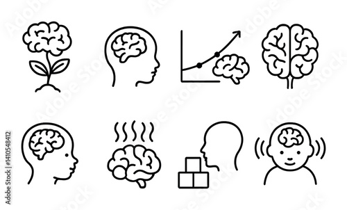 outline vector icons of brain development: growing brain, child brain, learning curve, neural growth, cognitive development, baby brain icon, stimulation waves, early learning. ine style icons in a
