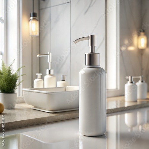 Blank White Pump Sanitizer Bottle Mockup. White Pump Bottle Mockup. Minimalist Pump Dispenser Bottle.