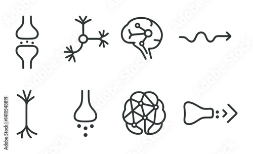 outline vector icons of neural connections: synapse icon, connected neurons, brain with lines, signal path, dendrites, axon terminal, network brain, signal transmission. ine style icons in a modern,