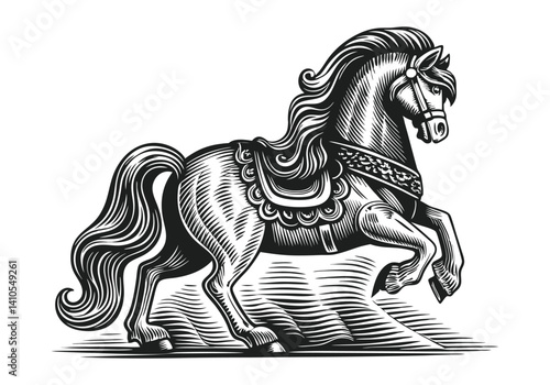 Black and white woodcut illustration of a majestic rearing horse with flowing mane, ornate harness, and detailed engraving in vintage style

