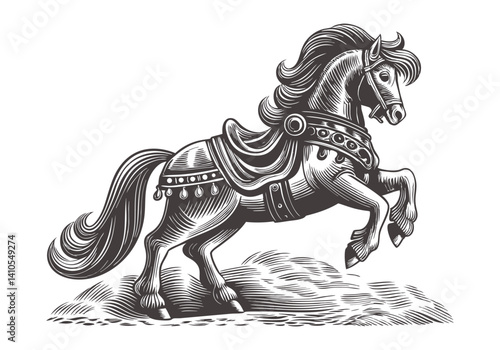 Black and white woodcut illustration of a majestic rearing horse with flowing mane, ornate harness, and detailed engraving in vintage style

