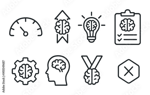 outline vector icons of intelligence and IQ: IQ meter, brain level icon, genius light, test result, cognitive symbol, smart profile, brain medal, logic symbol. set of line style icons in a modern,