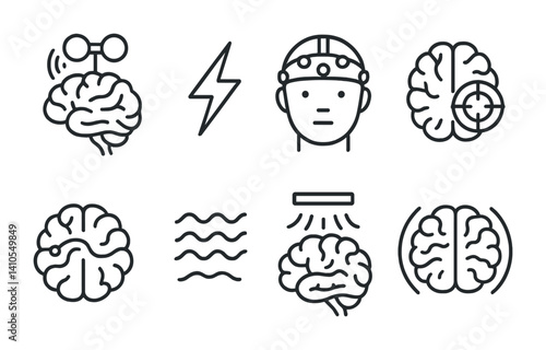 outline vector icons of brain development: growing brain, child brain, learning curve, neural growth, cognitive development, baby brain icon, stimulation waves, early learning. ine style icons in a