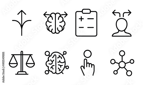 outline vector icons of decision-making: forked path, brain with arrows, pros and cons, dilemma icon, balanced scale, logical brain, choose icon, mind map. set of line style icons in a modern,