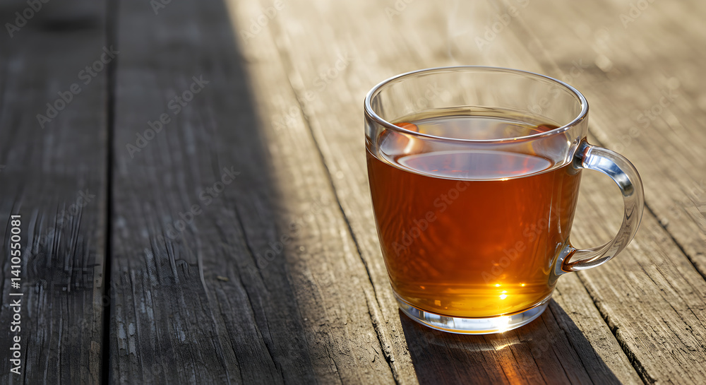 Hot Beverage on Rustic Wooden Surface with Sunlit Shadows Hot Beverage on Rustic Wooden Surface with Sunlit Shadows