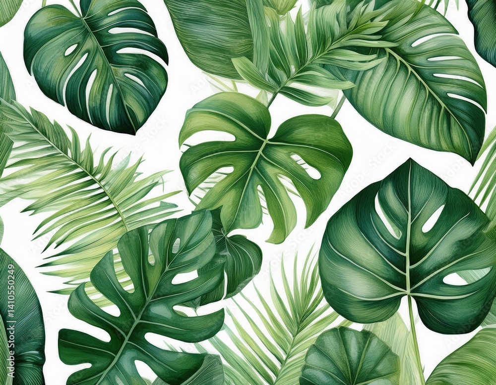 Fototapeta premium Tropical green monstera and palm leaves pattern
