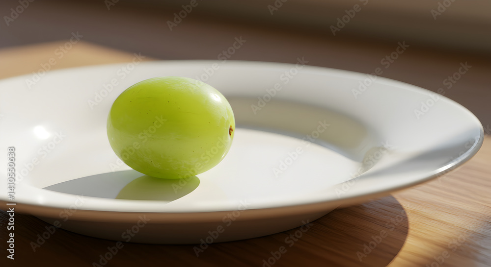Single Green Grape On a White Plate Showing Healthy Eating Concept Single Green Grape On a White Plate Showing Healthy Eating Concept