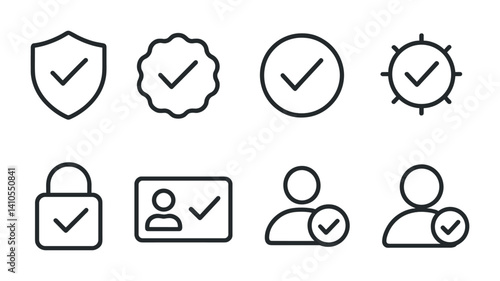 outline vector icons of verification and identity: verified badge, request verification, ID check, user authenticity, profile badge, trust score, profile scan, blue check., set of line style icons in