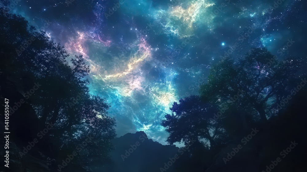 A beautiful cosmic scene with colorful stars and trees under a night sky full of vibrant galaxies and swirling clouds of light. A beautiful cosmic scene with colorful stars and trees under a night sky full of vibrant galaxies and swirling clouds of light.