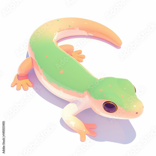 Colorful cartoon gecko, white isolated background.