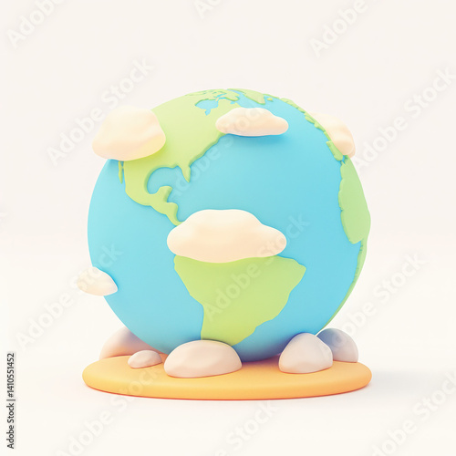 Colorful cartoon globe with clouds on a white isolated background.