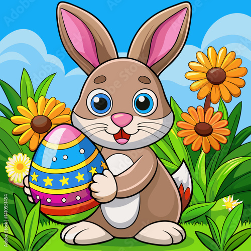 A cute Easter Bunny holding a colorful egg in a spring meadow, perfect for festive spring designs and Easter-themed projects.