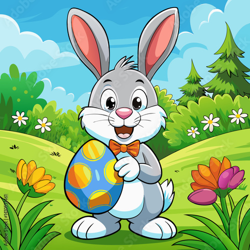 A cute Easter Bunny holding a colorful egg in a spring meadow, perfect for festive spring designs and Easter-themed projects.