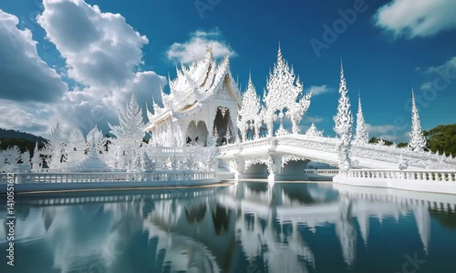 The serene beauty of Wat Rong Khun, with the temple’s unique white design reflected in the surrounding ponds and framed by blue skies and fluffy clouds in Chiang Rai, Thailand