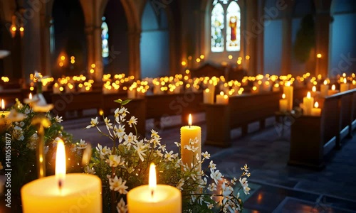 Saint Lucia Day service at a Swedish church with glowing candles, realistic, very detailed
