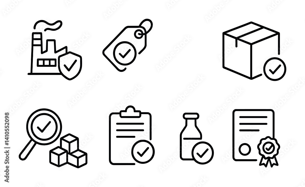 outline vector icons of product inspection: factory pass, quality tag, product passed, box label, approved goods, test complete, sample ok, certificate check. ine style icons in a modern, minimalist
