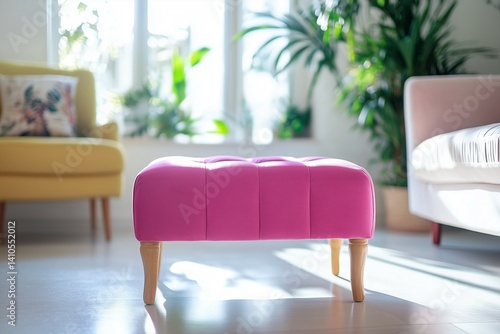 A pink footstool in a bright living room on a shiny parquet floor