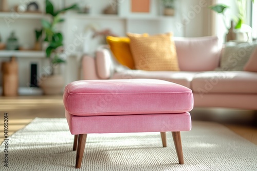 A pink footstool in a bright living room on a gray rug