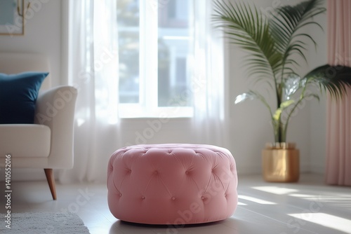 A pink footstool in a bright living room on a wooden floor