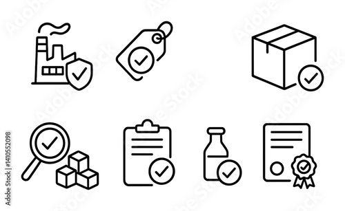 Obraz na płótnie outline vector icons of product inspection: factory pass, quality tag, product passed, box label, approved goods, test complete, sample ok, certificate check. ine style icons in a modern, minimalist w salonie