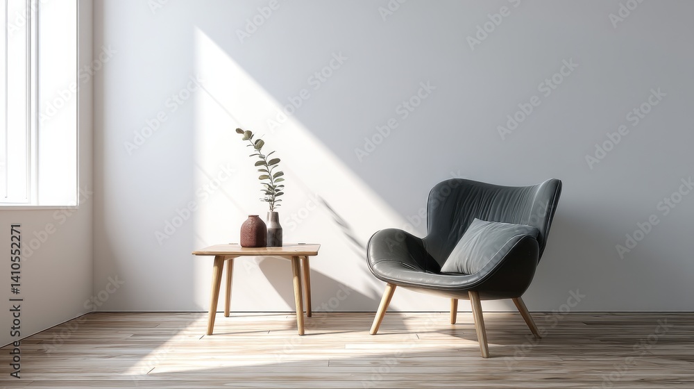 Fototapeta premium Relaxing armchair in a sunlit room. The grey armchair is inviting and peaceful, accented by simple decor and natural light.
