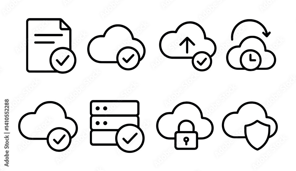 Obraz premium Cloud storage and data security icons set: linear style for digital solutions