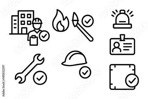 outline vector icons of building and safety checks: site inspection, fire safety ok, alarm test pass, equipment checked, helmet verified, worker badge, hazard cleared, zone ok. ine style icons in a
