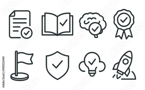 outline vector icons of video tutorials: step-by-step icon, cursor highlight, screen recording, guide overlay, voiceover icon, learning badge, progress bar, question mark. ine style icons in a modern