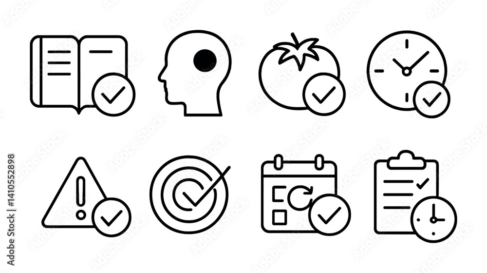 outline vector icons of inbox zero tools: empty inbox, completed message, checkmark icon, archive all, delete all, inbox clean, zero notifications, productivity icon.-based, set of line style icons outline vector icons of inbox zero tools: empty inbox, completed message, checkmark icon, archive all, delete all, inbox clean, zero notifications, productivity icon.-based, set of line style icons